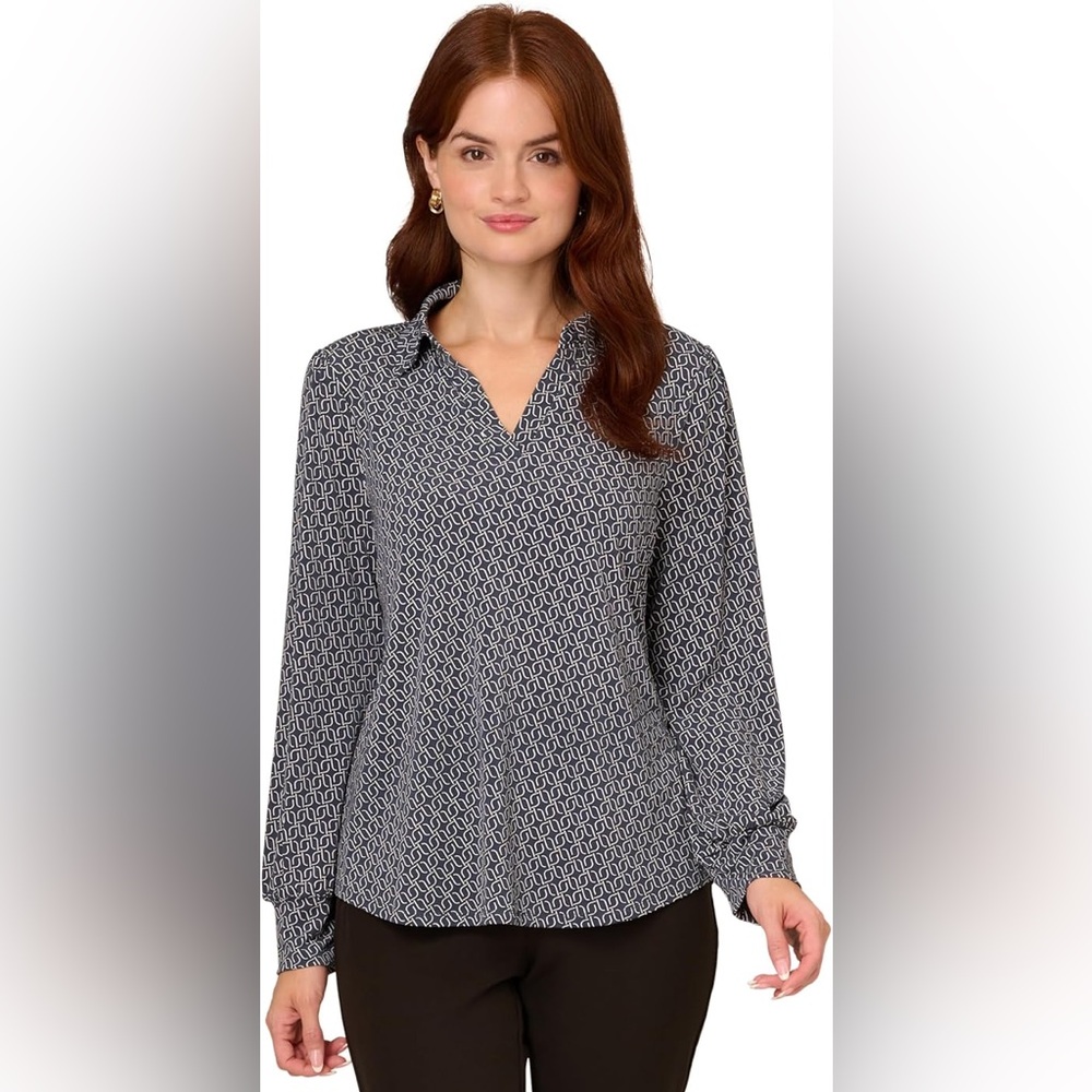Adrianna Papell Blue Geo Patterned Collared V-Neck Knit Top Large